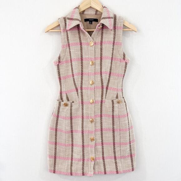 Toccin Sophia Tweed Shirt Dress 2 Pink Plaid Mini Dress Academia Preppy